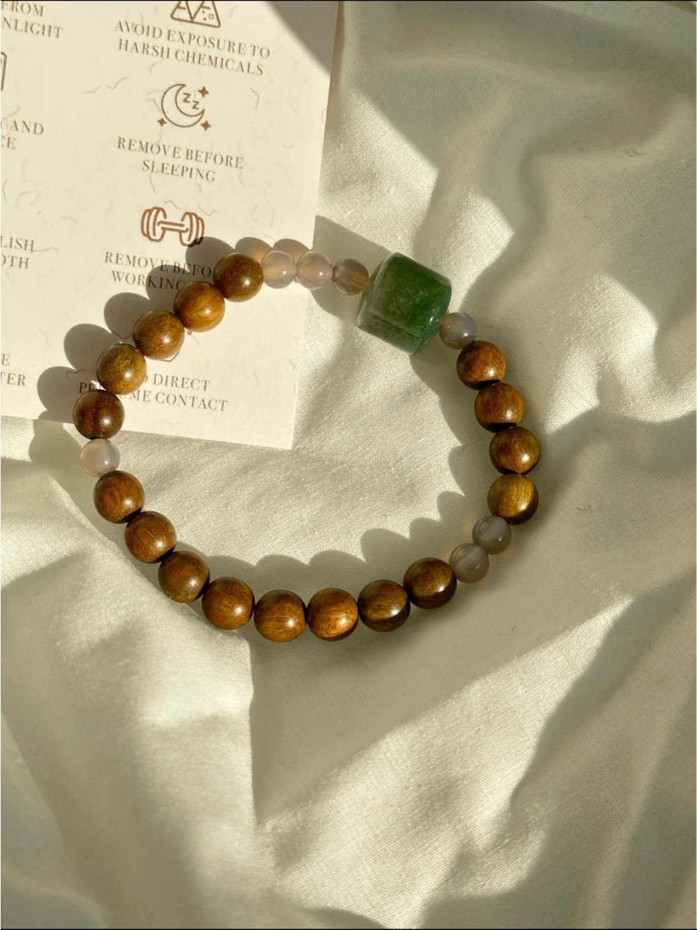 Brand New Dark Wood Bracelet with Green Jade and Cloudy Agate